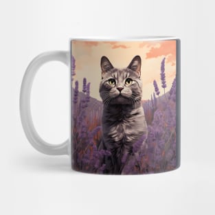 Feline Garden Delight: Retro Vintage Cat Lavender Florals Mug